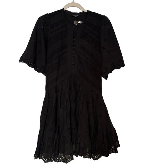 NWT Madewell Eyelet Flutter Sleeve Mini Dress in Cotton In Black Size 0 - Picture 4 of 8